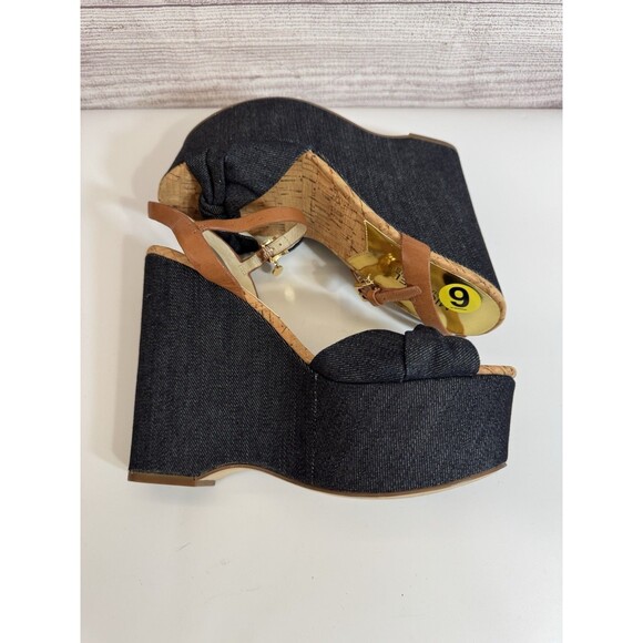 Michael Kors Denim Cork Wedge Sandals Size 9  Ankle Strap Espadrille Heels - Picture 11 of 13